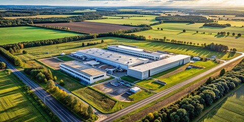 Aerial View of Industrial Complex in Lush Countryside, drone, industrial park, aerial photography, landscape