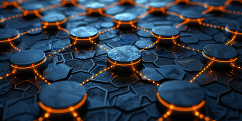 Abstract network connections with glowing dots and lines on a dark blue background, concept of digital technology, modern design template. 3D Rendering