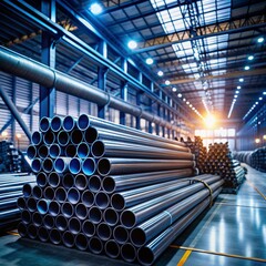 Steel Pipes Stacked in Industrial Warehouse, Industrial, Metal Pipes, Manufacturing, Steel