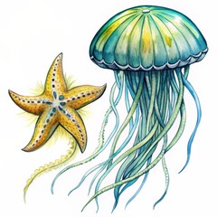 Wall Mural - Watercolor Illustration of a Jellyfish and Starfish, watercolor, sea life, marine, undersea, ocean