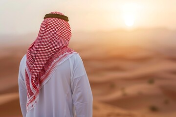 Wall Mural - saudi gulf arab man wearing a traditional white thobe and red shemagh, standing in the desert during