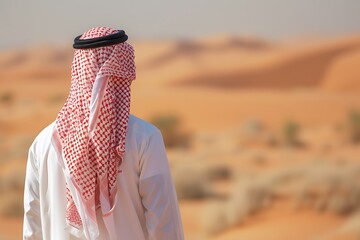 Saudi Gulf Arab man wearing a traditional white thobe and red shemagh, standing in the desert during the day, sunlight, blurred background.