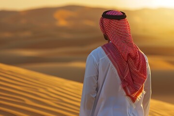Wall Mural - saudi gulf arab man wearing a traditional white thobe and red shemagh, standing in the desert during