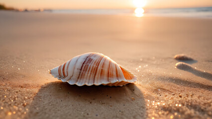 A close-up of a seashell on the sand on the beach in the back-light of sunset