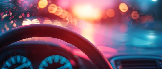 Poster -  A tight shot of a car's steering wheel against a hazy urban night scene backdrop - city street