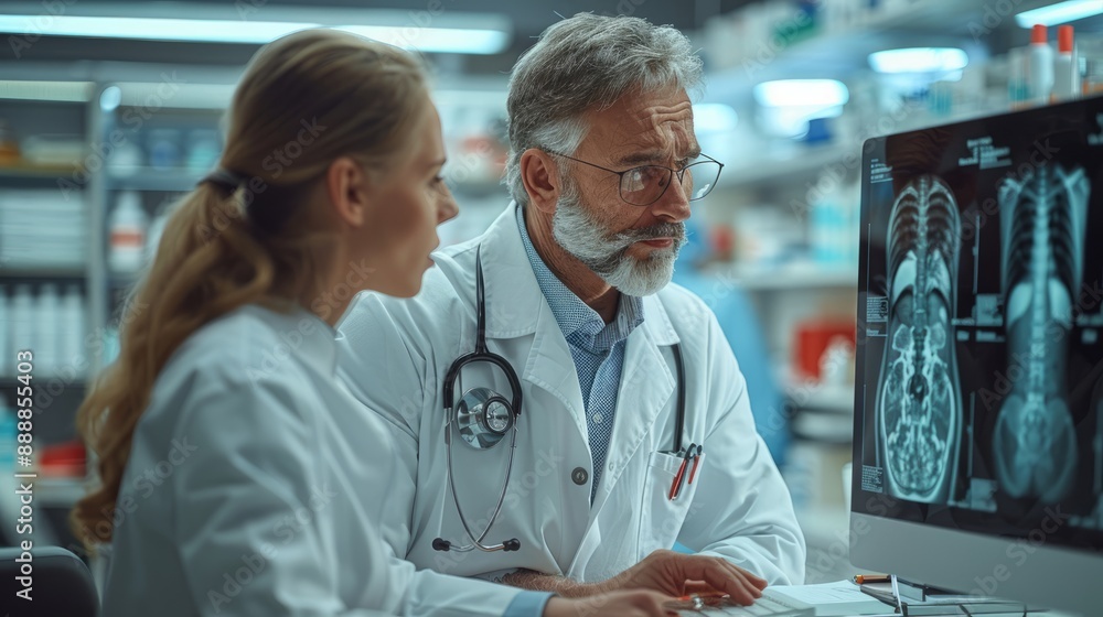 In a collaborative effort, a professor and a doctor examine x-ray scans ...
