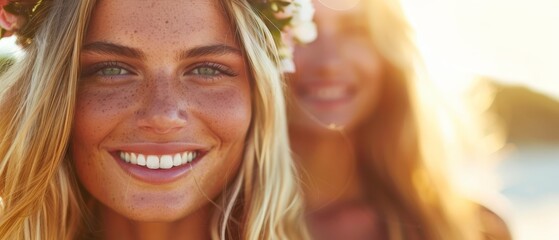  A close-up of two women wearing flower crowns on their heads