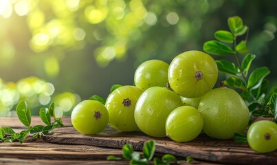 Fresh Amla (Indian gooseberry) fruits on wooden table with amla plant background, Generative AI