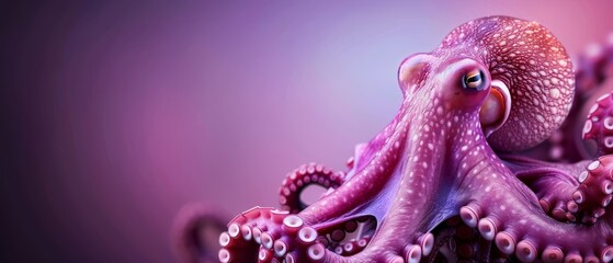  A tight shot of an octopus's tentacles against a purple backdrop, its eyes fully opened