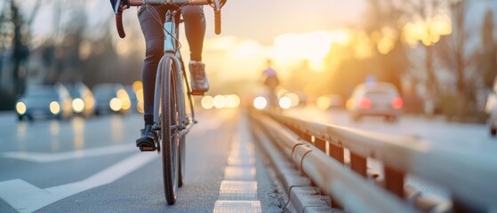 Poster -  A man rides a bike along a street lined with parked cars and heavy traffic