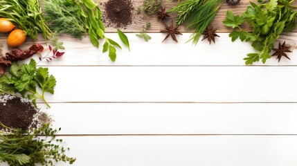 Wall Mural - Fresh and aromatic herbs in frame on old wooden table. Space for text.