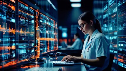 A young woman in a lab coat is sitting at a computer terminal typing. There are multiple computer screens in front of her displaying lines of code.