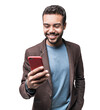 © kite_rin - Young handsome man using smartphone isolated transparent PNG, Smiling student men looking at mobile phone isolated portrait. Modern lifestyle, connection, business concept