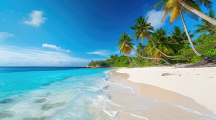 Wall Mural - Photograph of a secluded tropical beach with white sand, turquoise water, and palm trees swaying in the breeze