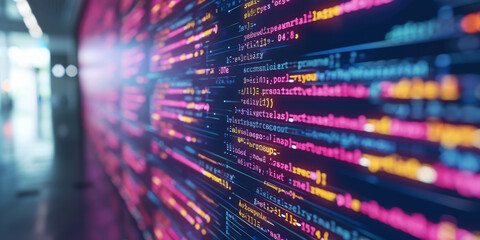 Creative digital programming language on dark background. Software developer and html concept. 3D Rendering.