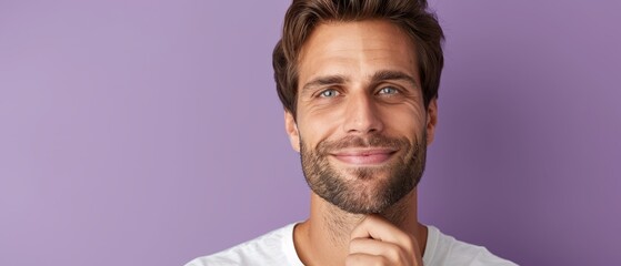 Wall Mural -  A bearded man in a white T-shirt poses thoughtfully for a photograph, resting his hand on his chin