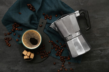 Wall Mural - Geyser coffee maker with cup, sugar and beans on black grunge background