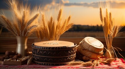 Sticker - the dhol drum lies on the table next to the ears of wheat, the Indian holiday Baisakhi, poster  