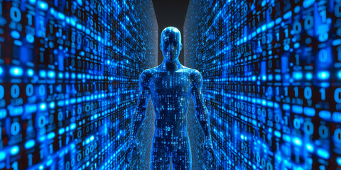 Abstract binary coding on dark background. Matrix and security concept. 3D Rendering.