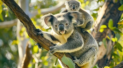 Wall Mural - Mother koala on a eucalyptus tree nursing her young on her back