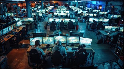 Poster - A large industrial room filled with computer addicts each reclined in gaming chairs at desks each covered with a towering pile of numerous monitors, playing video games. Generative AI.