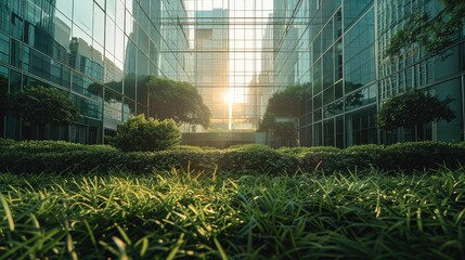 Poster - A frontal skyscraper with many bushes nearby glass fences, with grass ground, day light. Generative AI.