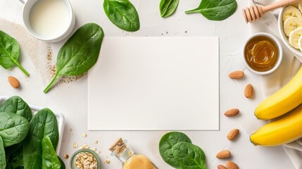 Empty white card with spinach, banana, almond milk, peanut butter, honey