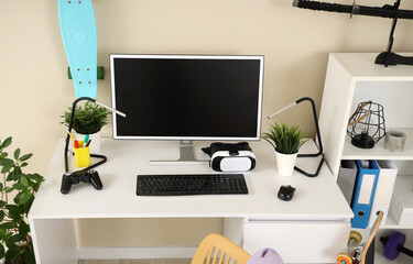 Sticker - Teenager's workplace with modern gadgets and plants in room