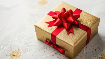 Festive gold box with red bow on white backdrop