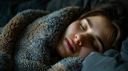 Person sleeping peacefully with blanket on black background