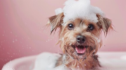 A cute Yorkshire Terrier dog sits in a bathtub with plenty of foam on his head