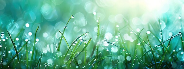 Wall Mural - Macro photo of lush wet grass with clear morning dew drops with warm sunlight on smooth blurred background