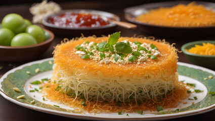 It's a round dish of yellow noodles topped with chopped green herbs and a sprinkle of white seeds. There are two plates behind it.

