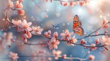 Wall Mural - Bright apricot flowers on a tree branch with beautiful butterflies perched on an ethereal and dreamy blurry background