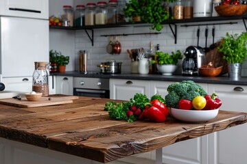 25. A smooth, dark walnut wooden table top, set against a blurred minimalist kitchen. The background features white cabinetry, integrated appliances, and ambient under-cabinet lighting, creating a