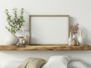 Stylish interior setup featuring a frame and textured pottery on a wooden shelf.