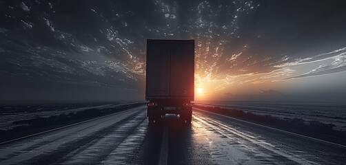 Wall Mural - Silhouette of a truck, driving away on a highway towards the distant horizon. The truck should gradually disappear into the distance, beyond the horizon line. Generative AI.