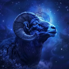 Wall Mural - Aries Zodiac Sign, Horoscope Symbol, Magic Astrology Ram, Ram in Fantastic Night Sky