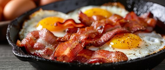 Sticker -  A tight shot of eggs and bacon sizzling in a frying pan against a backdrop of additional eggs on a table