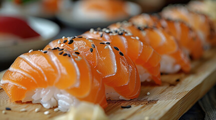 Wall Mural - One piece of mouth-watering smoked salmon sushi prepared by a sushi chef close up. Generative AI.