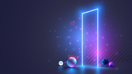 Aufkleber - Future door in abstract digital cyberspace. Futuristic opened cyber door, portal in other worlds. Neon gate glowing in the dark. Doorway or door without walls. Time machine concept. Technology banner