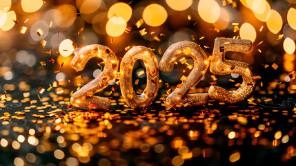 Wall Mural - Words 2025 golden text with confetti, new year  Christmas holiday  background