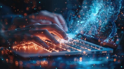 Leinwandbilder - A person typing on their laptop, with digital data flowing out of the screen and glowing blue particles floating around them, representing technology. Generative AI.