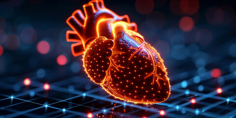 Creative glowing bright medical heart interface on blurry blue background. Innovation and cardiology concept. 3D Rendering.