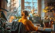 © James - Young Handsome Man Working from Home on Desktop Computer in Sunny Stylish Loft Apartment. Creative Designer Wearing Cozy Yellow Sweater and Headphones. Urban City View from Big, Generative AI
