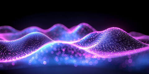 A digital blue abstract landscape with glowing particles over a dark background, illustrating a technology concept. 