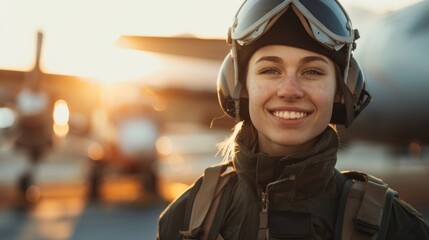 Wall Mural - A woman in a military uniform is smiling and wearing a helmet