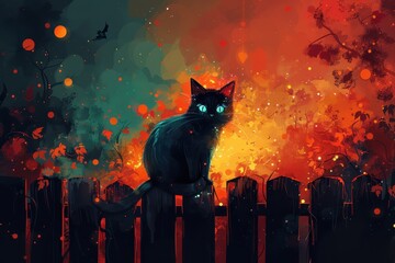 Wall Mural - Black Cat on a Fence in a Magical Forest