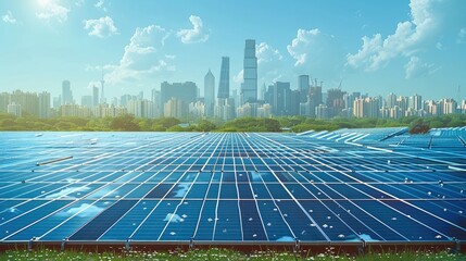 Wall Mural - a solar panel field with a modern city skyline in the background. a photovoltaic power plant concept
