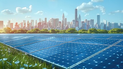 Wall Mural - a solar panel field with a modern city skyline in the background. a photovoltaic power plant concept